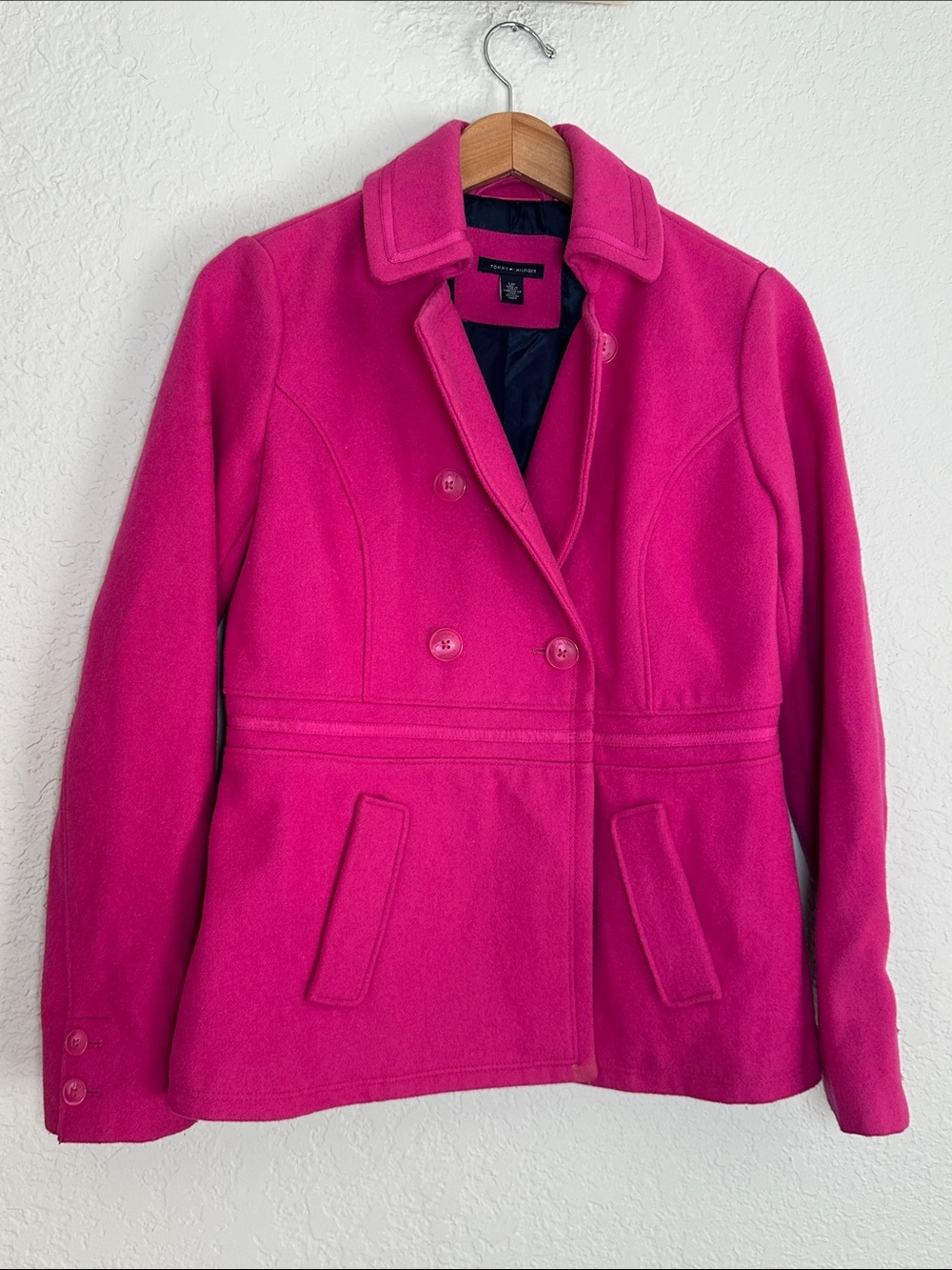 Tommy Hilfiger Pink Double Breasted Peacoat Short Wool Coat Jacket Preppy Chic